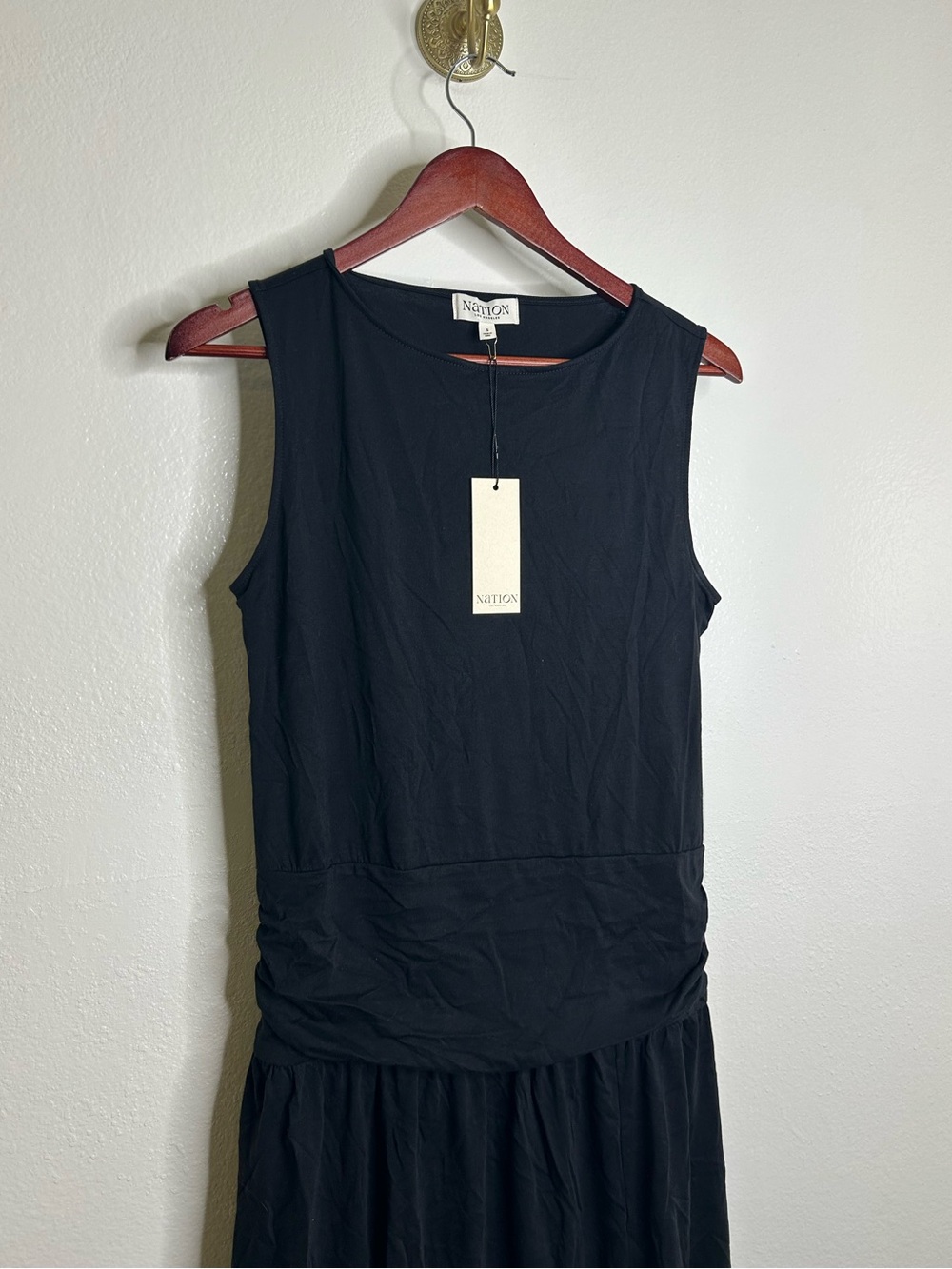 NWT Nation LA 100% Pima Cotton Cleo Midi Dress Drop Waist in Jet Black